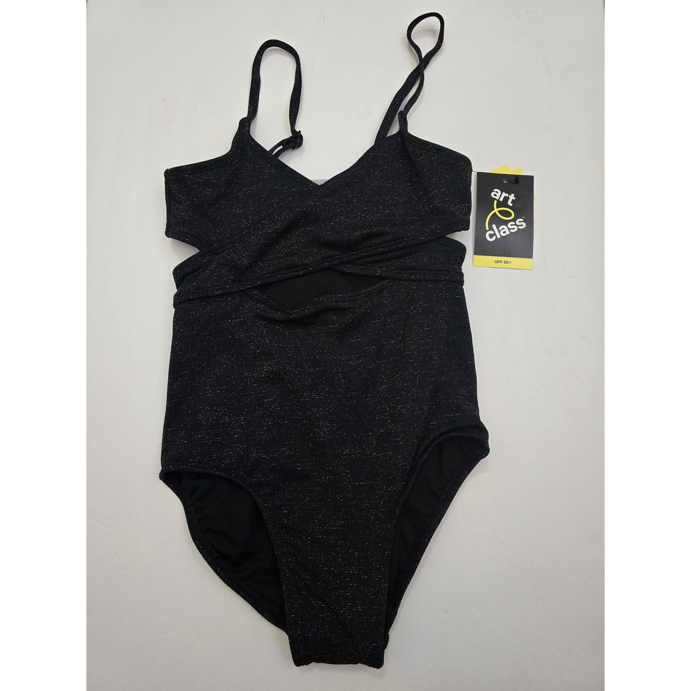 Art Class Girls Black Metallic Shimmer One Piece Swimsuit UPF 50+ M 8 NWT